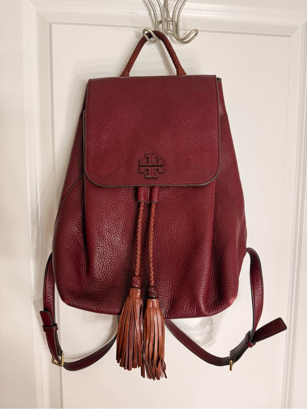 Tory Burch Maroon Pebbled Leather Backpack with Tassel